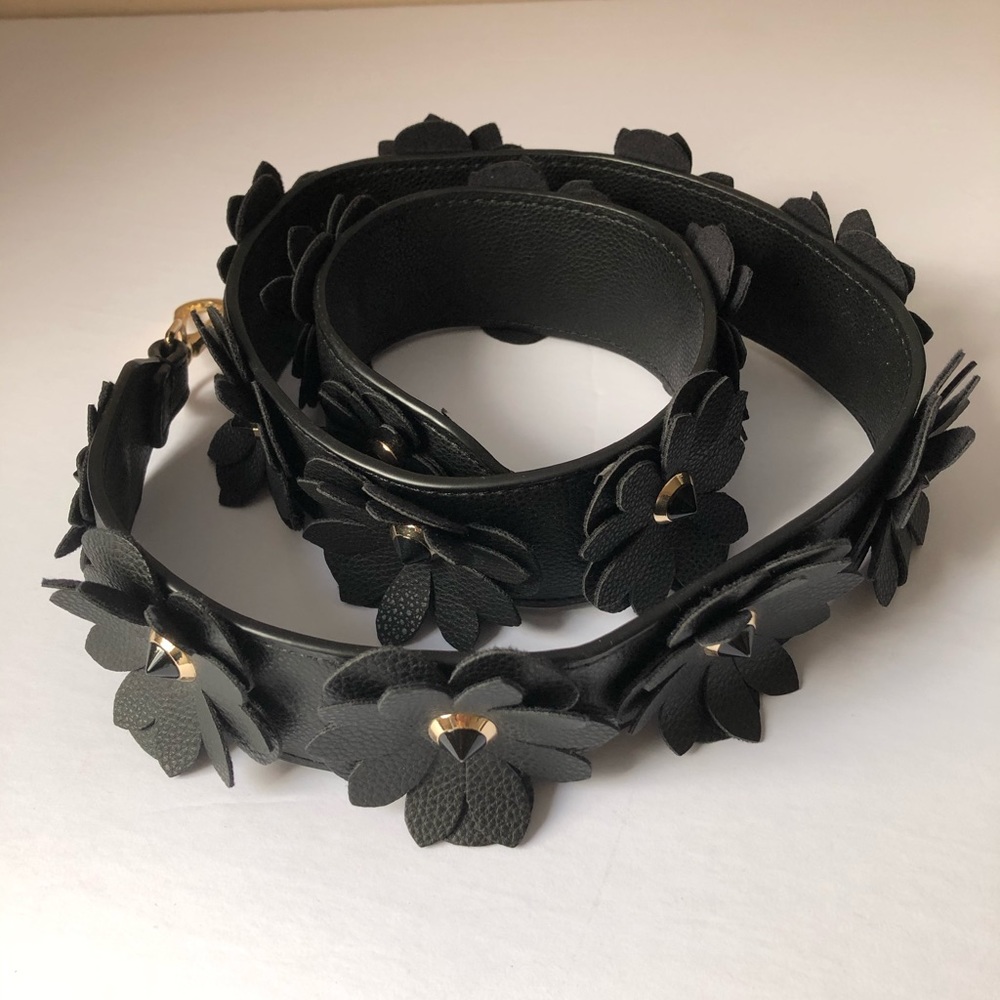 Crossbody 3D floral bag strap black PU leather 48”